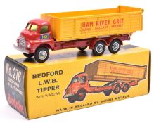 Budgie Toys Bedford L.W.B. Tipper (276). Red cab and chassis, yellow tipper body, with 'Ham River
