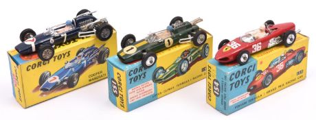 3 Corgi Toys racing cars. Ferrari Formula 1 Grand Prix Racing Car (154). In red RN36, with dished