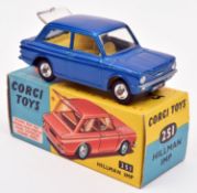 Corgi Toys Hillman Imp (251). In dark metallic blue with yellow interior, dished spun wheels with