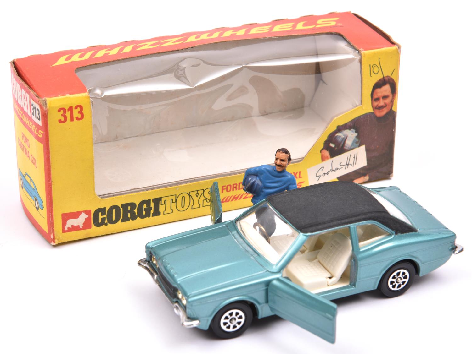 Corgi Whizzwheels Ford Cortina GXL (313). Example in light metallic blue with cream interior and