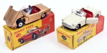 2 Dinky Toys. (113) MGB Roadster in white with red interior. (114) Triumph Spitfire in gold with red