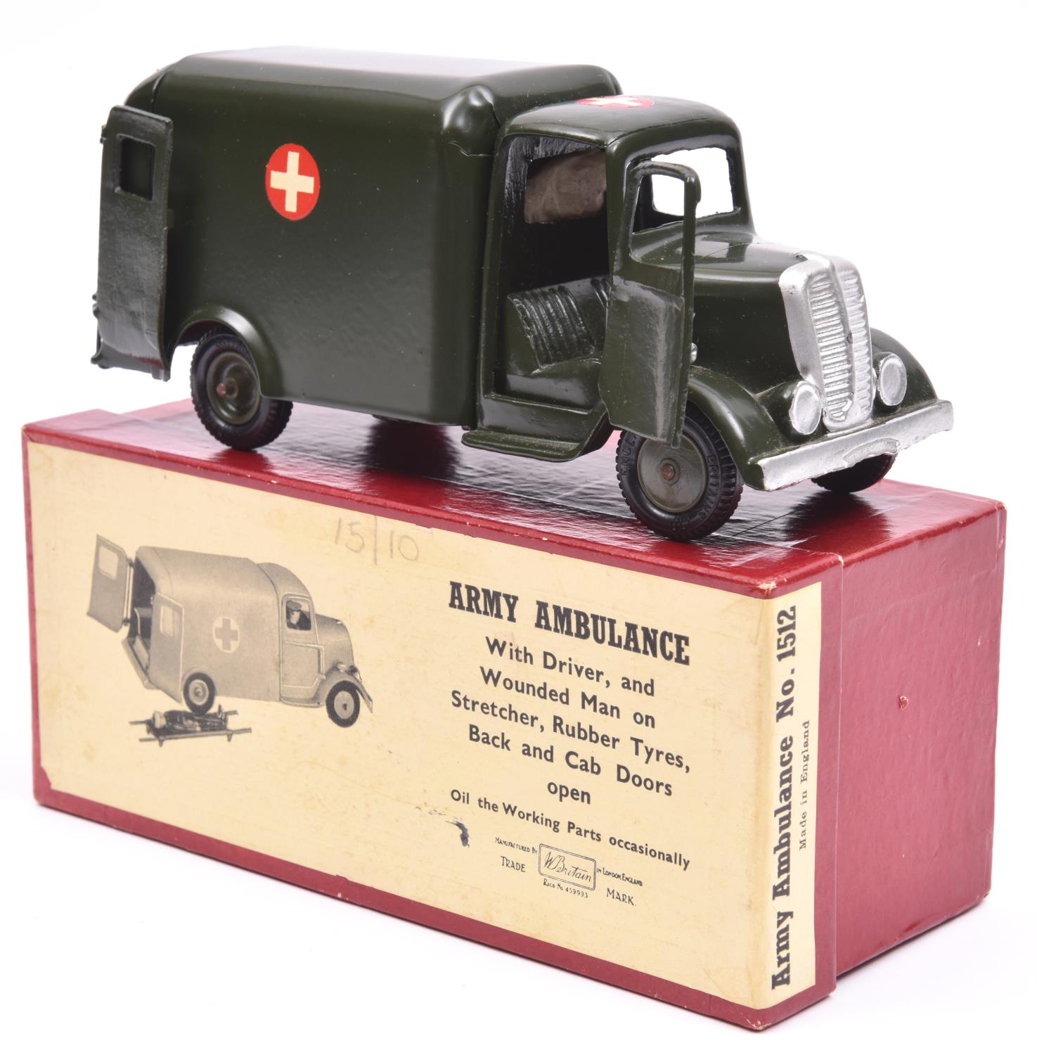 A Britains Army Ambulance with driver and wounded man on stretcher. No.1512. Vehicle in gloss