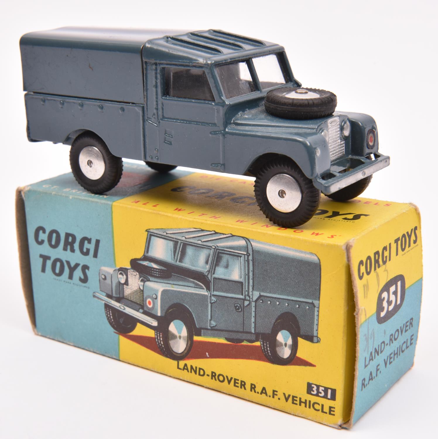 Corgi Toys Land-Rover R.A.F. Vehicle (351). In RAF blue with tin tilt, example with smooth spun