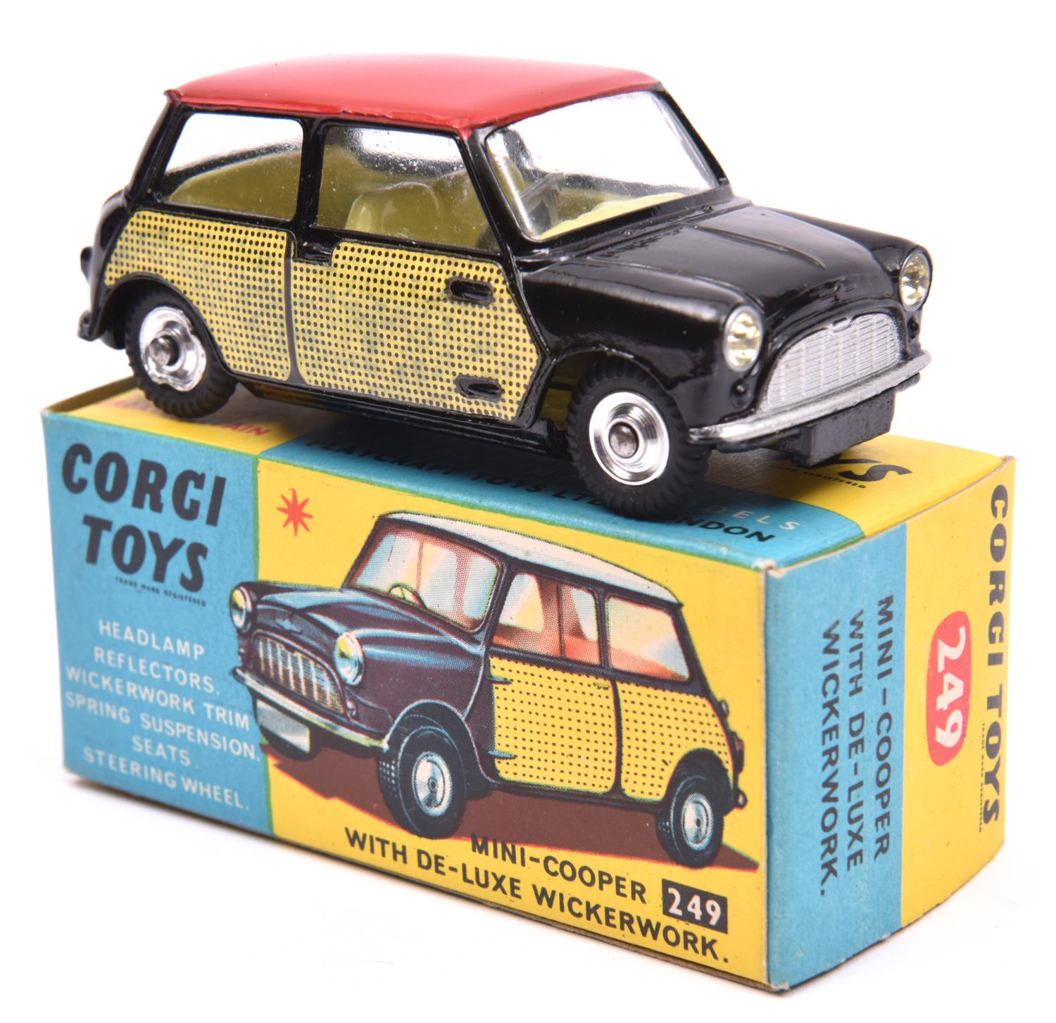 Corgi Toys Mini-Cooper with De-Luxe Wickerwork (249). In black with red roof, yellow interior,