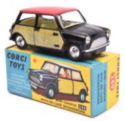 Corgi Toys Mini-Cooper with De-Luxe Wickerwork (249). In black with red roof, yellow interior,