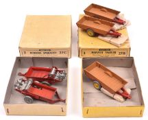 2 Dinky Toys Trade Boxes. (27B) Harvest Trailer 3-item box containing 3 Harvest Trailers in tan with