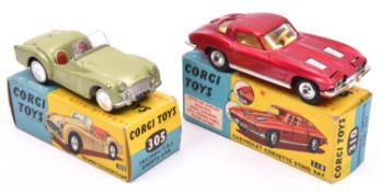 2 Corgi Toys. Triumph T.R.3 Sports Car (305). In light metallic green with red seats, smooth spun