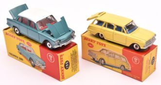 2 Dinky Toys. Vauxhall Victor estate car (141), finished in yellow with blue interior, spun wheels