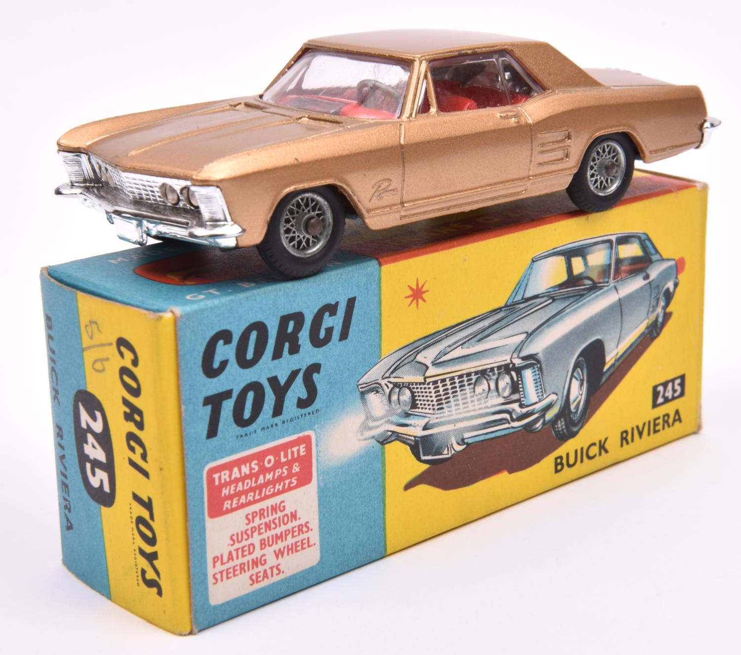Corgi Toys Buick Riviera (245). An example in metallic gold with red interior, spoked wheels with