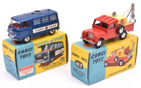 2 Corgi Toys. Land Rover Breakdown Truck (417). In bright red with yellow tin canopy with silver