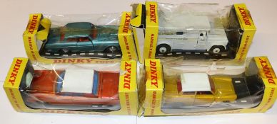 4 Dinky Toys. Ford Cortina Mk1 (133). In metallic yellow with white roof and red interior, with spun