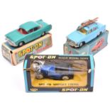 3 Spot-On Cars. Austin A.60 Cambridge (184). In light blue with cream interior, with 2 skis to roof.