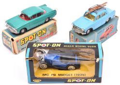 3 Spot-On Cars. Austin A.60 Cambridge (184). In light blue with cream interior, with 2 skis to roof.