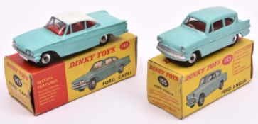 2 Dinky Toys. Ford Capri (143), finished in Turquoise with a white roof and red interior, spun