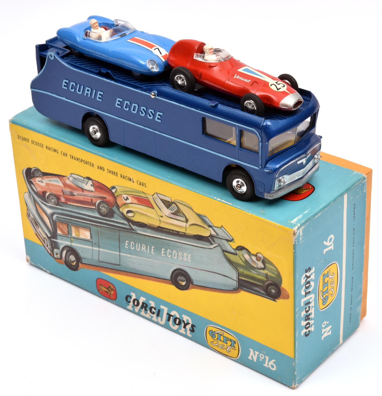 Corgi Major Toys Gift Set No.16. Ecurie Ecosse Racing Car Transporter and Three Racing Cars.