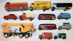 12 Dinky Toys. Including; Guy Van, Weetabix. Bedford, Ovaltine. AEC Shell tanker. Austin Somerset.