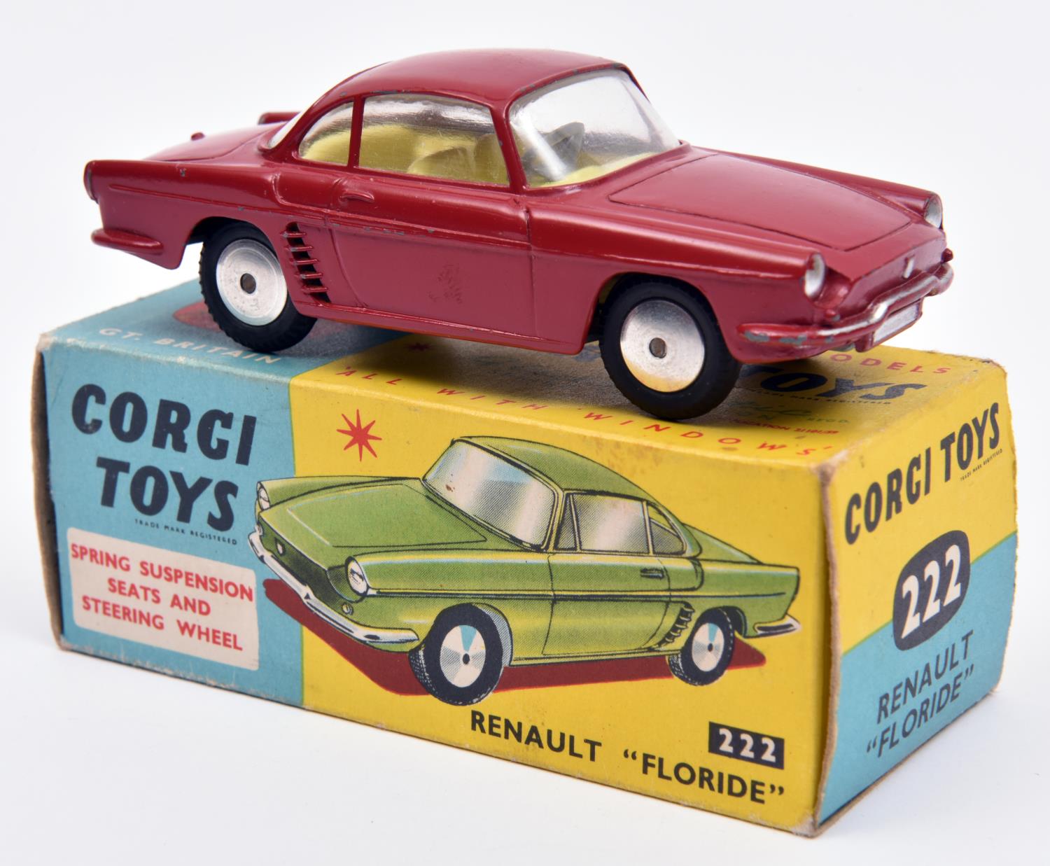 Corgi Toys Renault 'Floride' (222). An example in maroon with yellow interior, smooth spun wheels