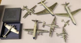 8 Dinky Toys aircraft. Including; 60V Armstrong Whitworth Whitley bomber (boxed). 706 Air France