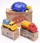 3 late 1950's plastic toys. A Timpo-Tortoise, 'A New Animated Toy Pet'. Made of bright blue