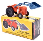 A scarce Budgie Toys No306 Tractor with Forklift Shovel. In orange with metallic blue arms and