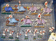 14 Timpo Swoppet knights. 7x mounted with either red cross or red heart on shields, horses mounted