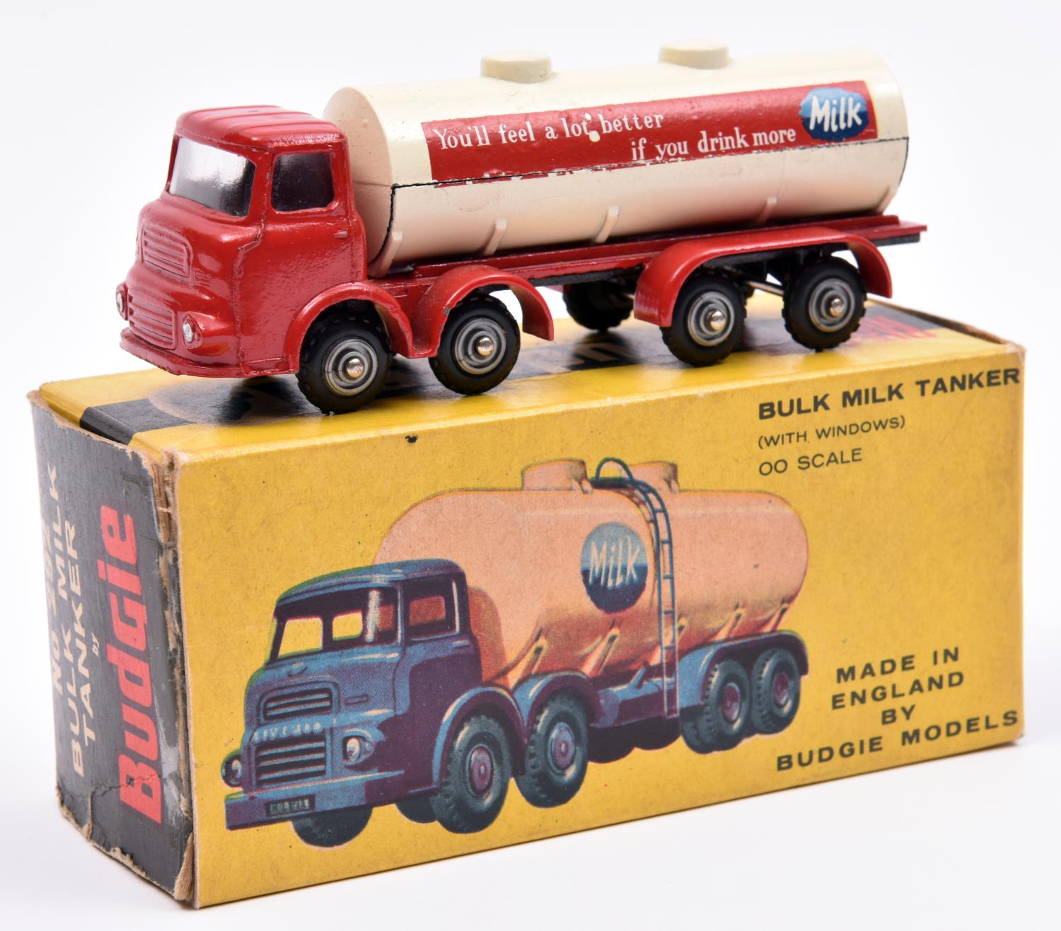 Budgie Milk Tanker No.292. Red cab and chassis with white tank with Milk decals to sides and rear.