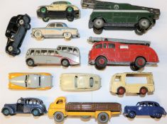 12 Dinky Toys. Including; Jaguar XK120. BBC extending mast vehicle. Express Dairy milk float. 2x