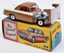 Corgi Toys Triumph Herald Coupe (231). In white and metallic gold with red interior, smooth wheels