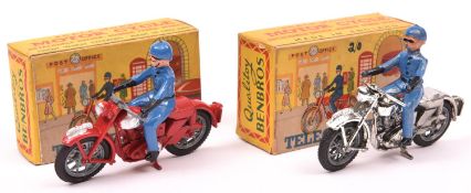 2 Benbros Motor Cycle 'Telegraph Boy'. An example with plated silver bike and another with red and