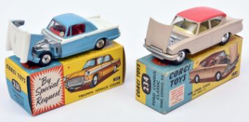 2 Corgi Toys. Triumph Herald Coupe (231). In white and light blue with red interior. Plus a Ford