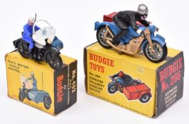 2 Budgie Toys Motorcycles. Express Delivery Sidecar Outfit No.266. Bike in blue and gold and a red