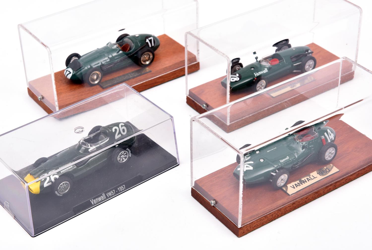 4 mounted display models of Vanwall Racing Cars. A rear engined 1961 example RN28. 1954 Vanwall