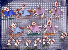 14 Timpo Swoppet knights. 7x mounted with either red cross or red heart on shields, horses mounted