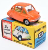 Corgi Toys Heinkel Trojan (233). An example in orange with lemon interior and cast wheels. Boxed.