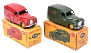 2 Dinky Toys Austin Vans. 'Nestle's (471) in red with yellow wheels. Plus 'Raleigh' (472). In dark