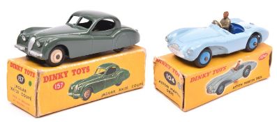 2 Dinky Toys. Aston Martin DB3S (104), The Touring example in light blue with dark blue wheels,