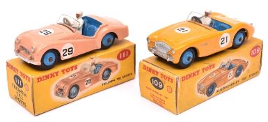2 Dinky Toys. Austin-Healey '100' Sports (109). An example in orange with mid blue seats and wheels,