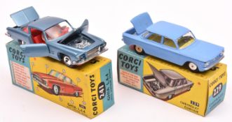 2 Corgi Toys. Chevrolet Corvair (229) in lilac with yellow interior, smooth wheels and black