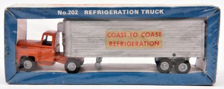 A Budgie Refrigeration Truck No.202. Tractor unit in orange with silver articulated trailer with '