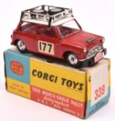 Corgi Toys 1967 Monte-Carlo WINNER B.M.C. Mini-Copper 'S' (339). In red with white roof with rack