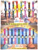 2x vintage Swatch watch salesman's Flik Flak card displays, each mounted with 9 watches. Marketed as