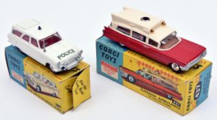 2 Corgi Toys. Ford Zephyr Motorway Patrol (419). First version in white with red interior, small