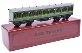 An Ace Trains O gauge Southern Railway EMU Full Third passenger coach in lined green livery.