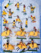 16 Timpo Swoppet knights. 6x mounted knights carrying shields and weaponry primarily yellow or brown