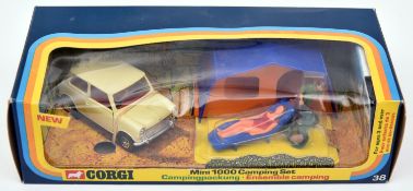 Corgi Mini 1000 Camping Set (38). Comprising a Mini in cream with red interior, tent in blue and