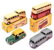 4 Dinky Toys. 2x Observation Coach (280), one in grey with grey wheels and red and one in cream