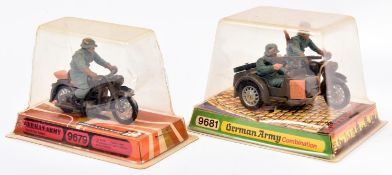 2x Britains. A German Army Combination Motorcycle and sidecar with 2 riders (9681). Together with