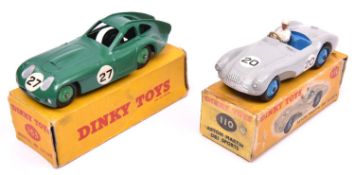 2 Dinky Toys. Aston Martin DB3 Sports (110). In light grey with mid blue interior and wheels,