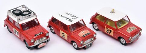 3 Corgi Toys competition Minis. BMC Mini Cooper 'S' RN177 in red with white roof with rack and spare