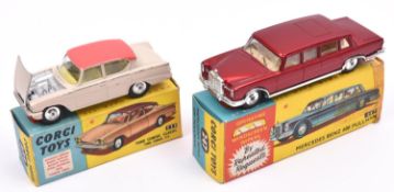 2 Corgi Toys. Ford Consul Classic (234). In pale beige with deep pink roof and yellow interior.